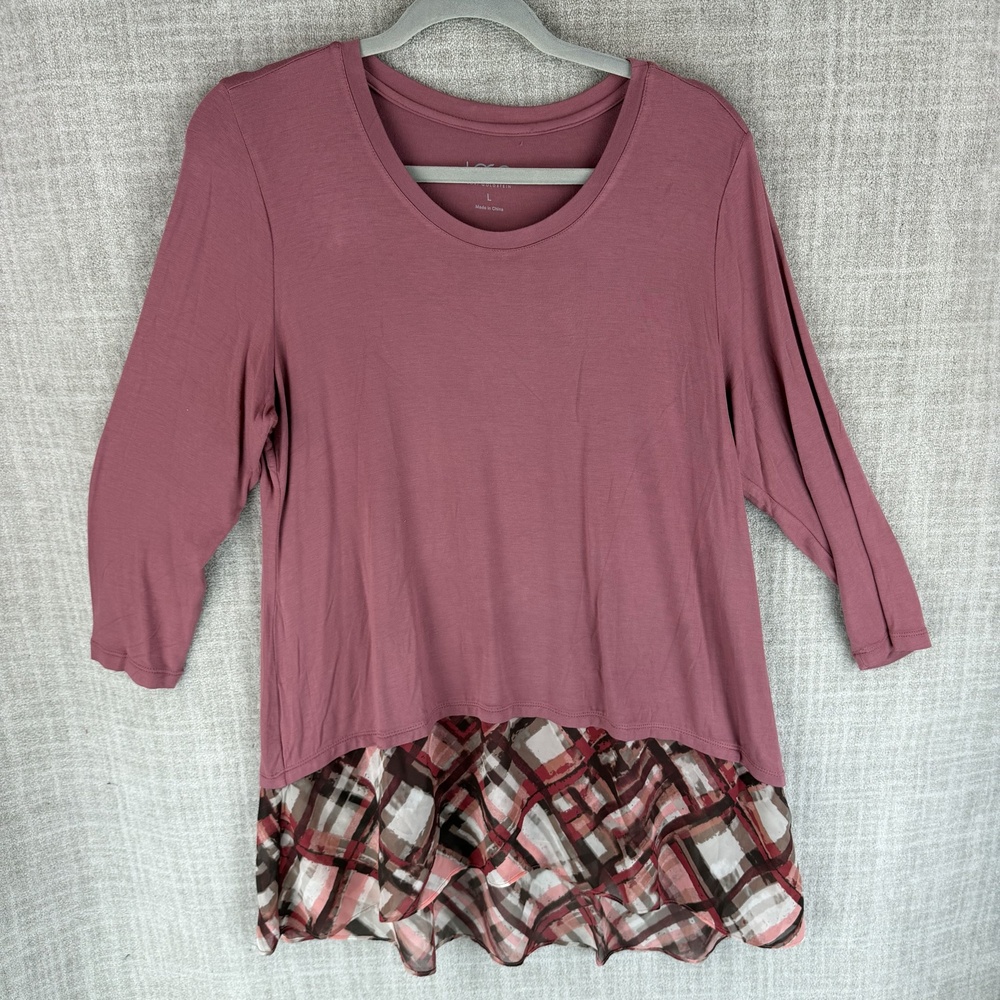 LOGO By Lori Goldstein Blouse Womens L Pink Tunic Round Neck 3/4 Sleeve Ruffle